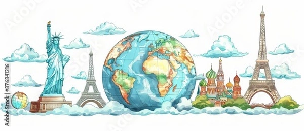 Fototapeta Colorful travel landmarks illustration with famous monuments, globe, and clouds on a white background, representing worldwide tourism