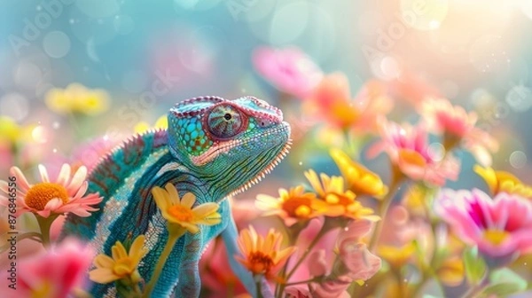 Obraz Colorful chameleon blending into a vibrant field of flowers with a dreamy, bokeh background, showcasing nature's beauty and adaptation.