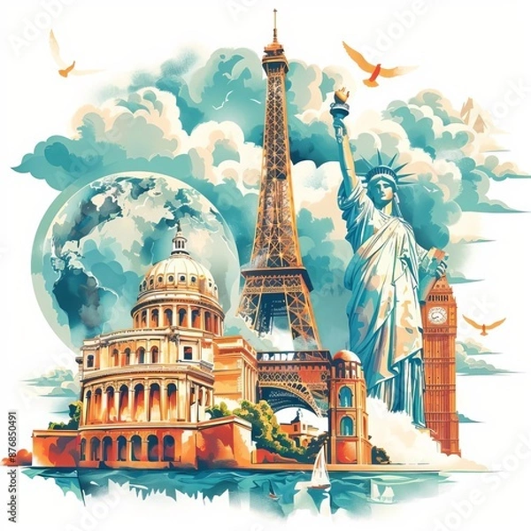 Fototapeta Colorful travel landmarks illustration with famous monuments, globe, and clouds on a white background, representing worldwide tourism.