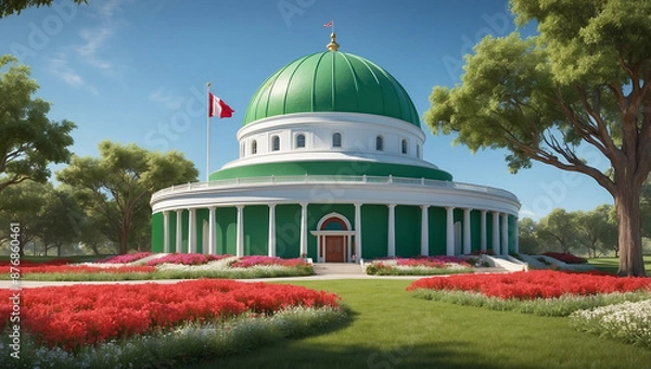 Fototapeta The image shows a white building with a green dome, surrounded by a circular flower bed with red flowers and a green globe in the center. A red flag is flying on a pole.

