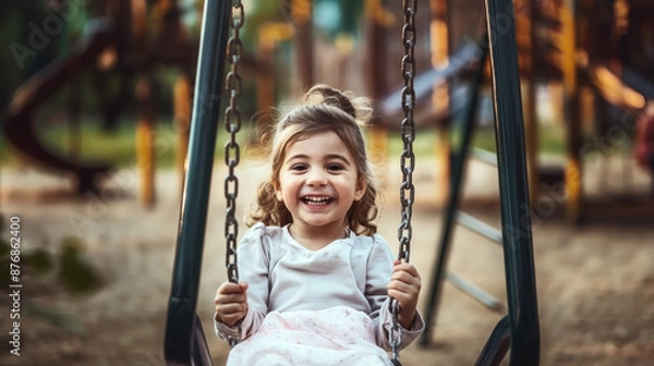 Fototapeta A joyful child enjoying swinging at a playground, with a bright smile and playful expression, surrounded by colorful playground equipment.