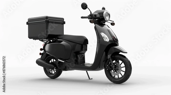 Fototapeta Black automatic scooter with a box on the back isolated on white background