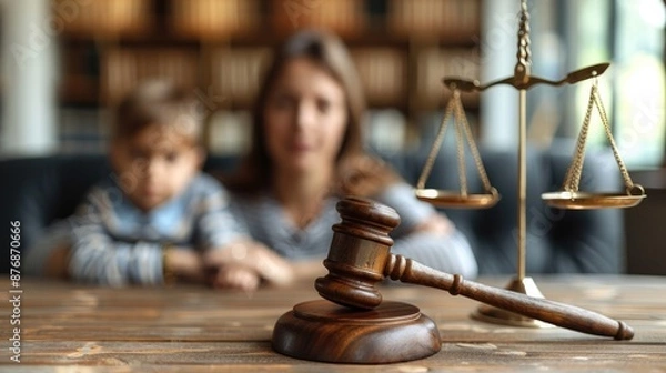 Fototapeta Cute child and mother at table with gavel of judge blurred in background, family law concept