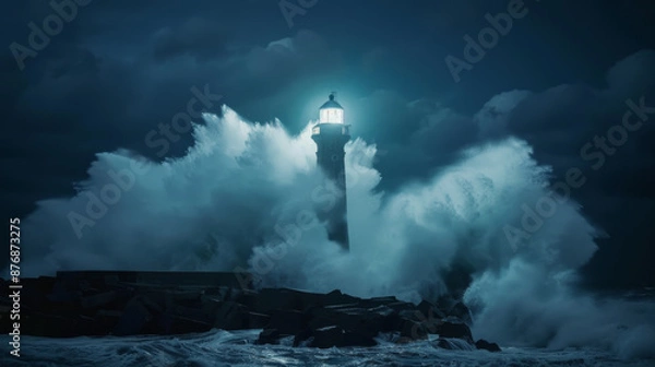 Fototapeta Ocean waves crashing against lighthouse at night 