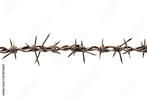 Obraz A Twisted Path of Rusty Barbed Wire Against a White Background. on a White or Clear Surface PNG Transparent Background.
