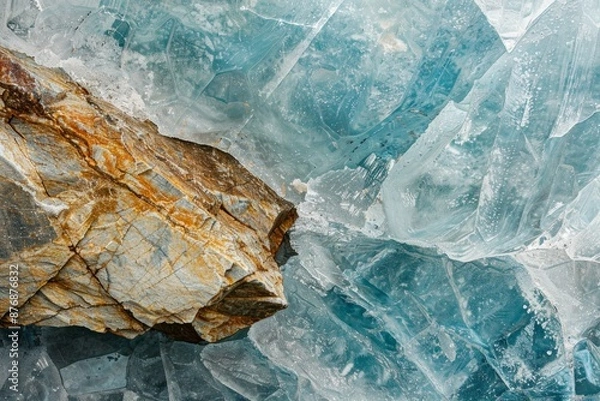Fototapeta A close-up abstract of the blue ice next to rock that has been recently exposed from the retreating glacier.