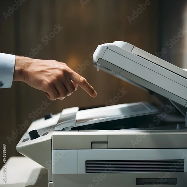 Obraz Hand use copier or photocopier or photocopy machine office equipment workplace for scanner or scanning document or printer for printing paperwork hard ... See More
