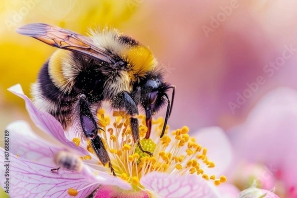 Fototapeta The fuzzy surface of a bumblebee as it collects nectar from a flower, Generative AI 