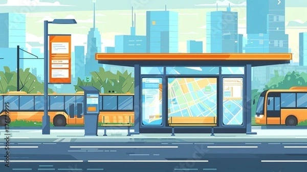 Fototapeta Bus stop with route map, city transport, flat design illustration