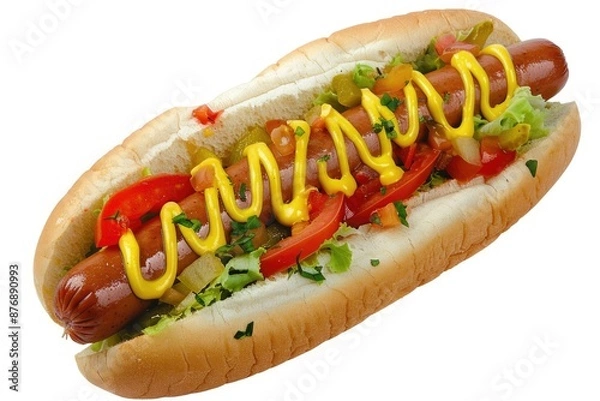 Fototapeta Tasty Hot Dog with Mustard and Fresh Lettuce on a Soft Bun