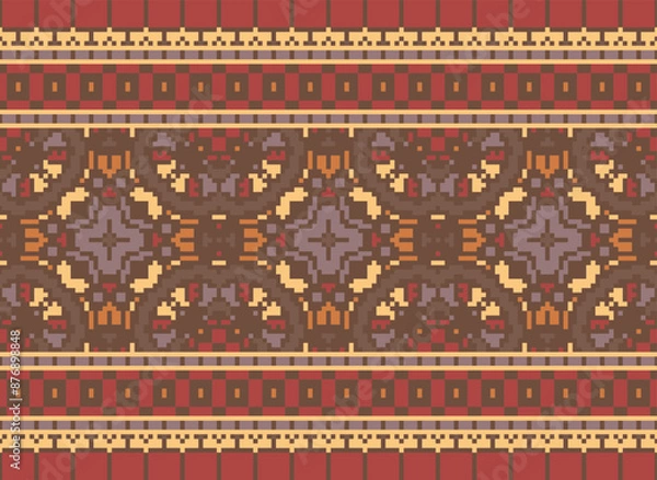 Fototapeta Pixel Tribal Vector pattern background, tribal seamless Aztec design, black and white geometric style,  Vector African ethnic tribal clash ornament seamless pattern  color