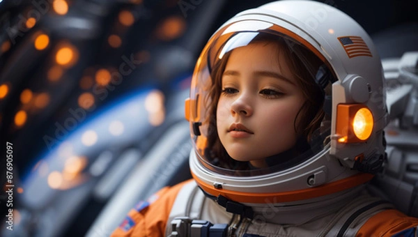 Fototapeta A young girl is wearing a white and orange astronaut suit with a clear visor. She has her eyes closed and is looking down. The background is blurry with out of focus lights.

