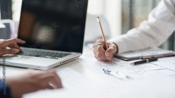 Fototapeta Architecture drawing on architectural project business architecture building construction Colleagues designer Planning Design on blueprint and compasses