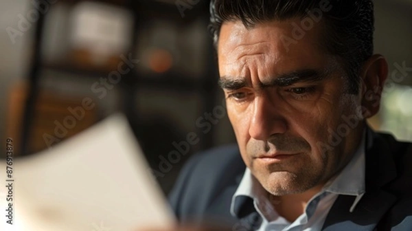 Fototapeta Detailed close-up of a Hispanic man in a suit, staring intently at a document, with visible stress on his face