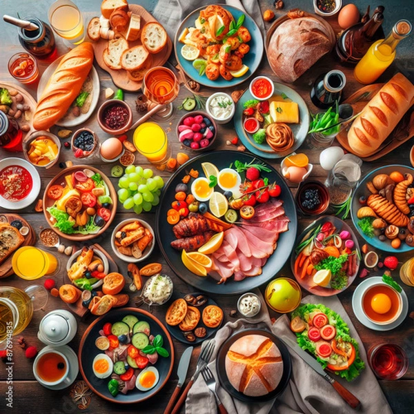 Fototapeta Full table of delicious European foods and drinks from top view, Happy dining time, buffet food dishes background