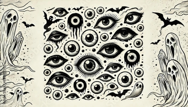 Fototapeta Spooky eyes scattered with an eerie glow creating a haunting atmosphere