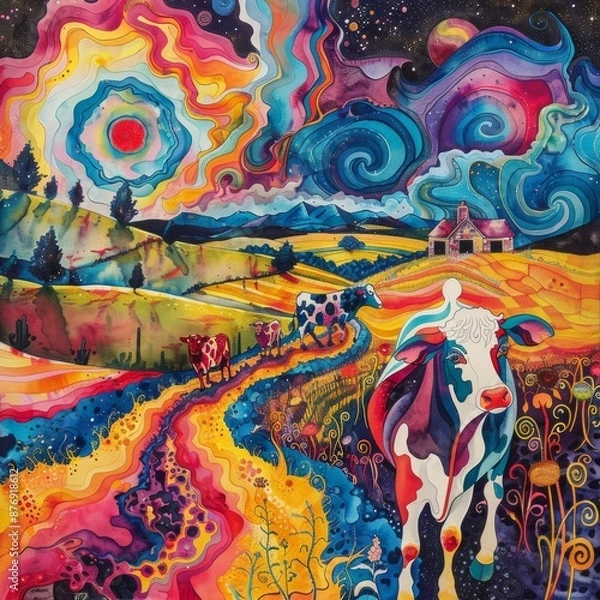 Fototapeta Surreal Psychedelic Farm: Vivid Multicolored Cows in Abstract Watercolor Landscape
