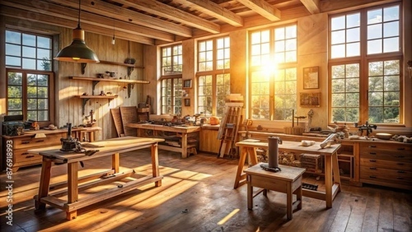 Obraz Warm and inviting woodworking workshop with tools and sunlight streaming through windows , woodworking, workshop