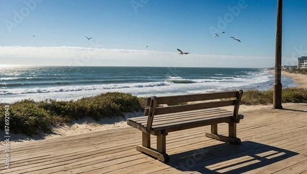 Fototapeta A simple wooden bench located on a scenic coastal