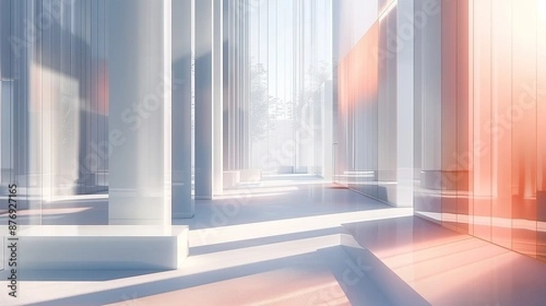 Obraz Serene Pastel-Toned Interior Space. Abstract Modern Interior with Large Windows and Vertical Lines 