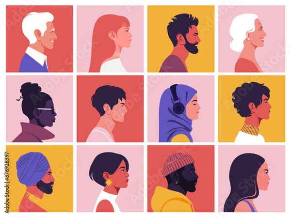 Fototapeta A set of people’s faces in profile. Different races and nations. Diversity. Young and old person avatars. Side view. Society and population. Vector flat Illustration