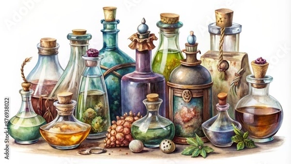 Obraz A Collection Of Magic Potions And Elixirs In Various Shapes And Sizes, Each With Its Own Unique Cork Or Stopper.