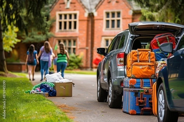 Obraz Students moving into a college dorm on campus, unpacking luggage from a car. Bright sunny day with friends ready for a new academic year.