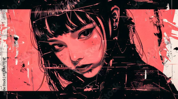 Fototapeta Cool grungy y2k anime manga collage set with a negative photocopy effect . Rough brutal elements for 90s vintage design. Ai generation.