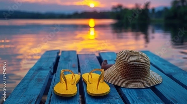 Obraz Yellow flip-flops and straw hat on a wooden pier with a sunset background over a peaceful lake