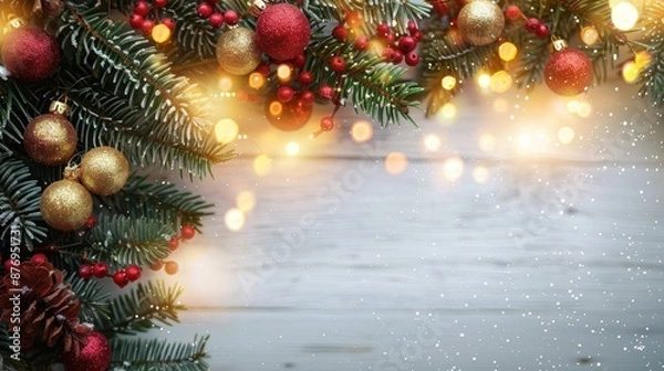 Obraz A festive Christmas arrangement of pine branches adorned with red and golden baubles, pinecones, and sparkling lights against a wooden background, exuding holiday joy and warmth.