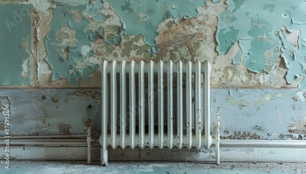 Fototapeta Old Radiator Against a Peeling Green Wall in an Abandoned Room
