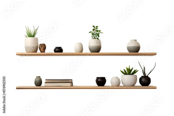 Obraz A Minimalist Shelf Display With Succulents and Vases on a White or Clear Surface PNG Transparent Background