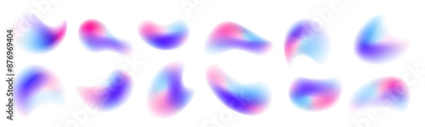Fototapeta Iridescent chrome drops or hologram irregular freeform organic shapes. Color gradient circle backgrounds, abstract colors blend mesh with soft neon light, vector shapes. PNG