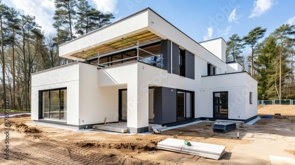 Fototapeta Contemporary house under construction, focus on advanced heating solutions being installed, showcasing sustainable building practices