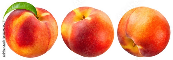 Fototapeta Peach with leaf isolated png. Whole peach collection on transparent background. PNG format. Peach with leaves no background. Full depth of field.