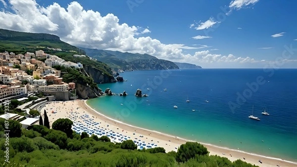 Fototapeta Aerial view of a beautiful beach with blue water and a mountain in the background.