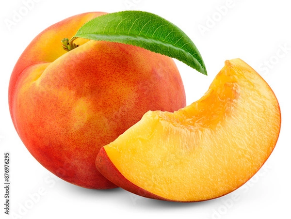 Fototapeta Peach isolated png. Peach with a slice on transparent background. PNG format. Peaches with leaf no background. Full depth of field.