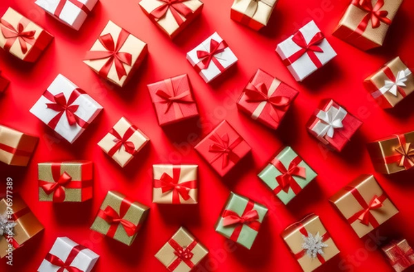 Fototapeta A red background with many boxes of christmas presents. Christmas concept. Collection of Christmas present boxes on a red background. Close up, copy space. Gift boxes and Christmas decorations on red