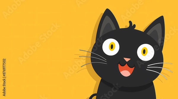 Obraz Cute black cat with wide eyes and a surprised expression against a bright yellow background.