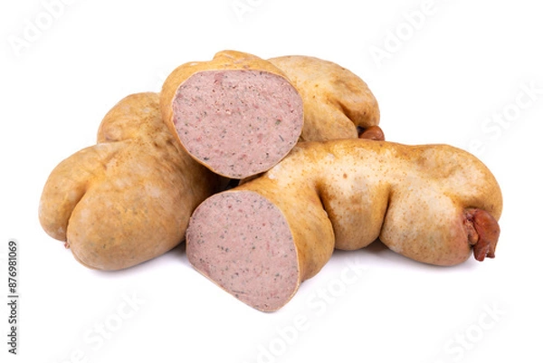 Obraz Hausmacher Zwiebelleberwurst, Zwiebel-Leberwurst auf weißem Grund
