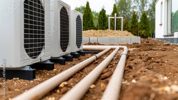 Fototapeta Ground source heat pump system installation, showcasing underground pipes and sustainable energy technology, a modern eco-friendly solution