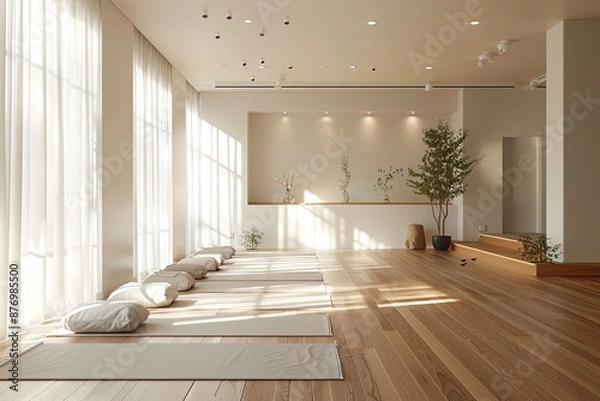 Fototapeta Yoga space meditation area, calm zen space to meditate, calming background sunlight, yogi relaxing studio, relax, generated ai