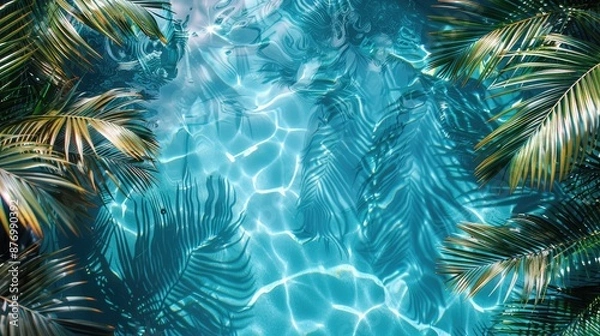 Fototapeta 3D rendering of palm leaves shadow on the water surface in a swimming pool with a light blue background