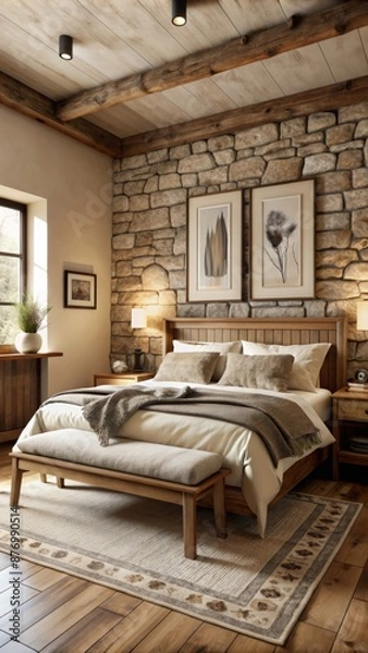 Fototapeta A cozy and rustic bedroom with a warm and inviting atmosphere. 