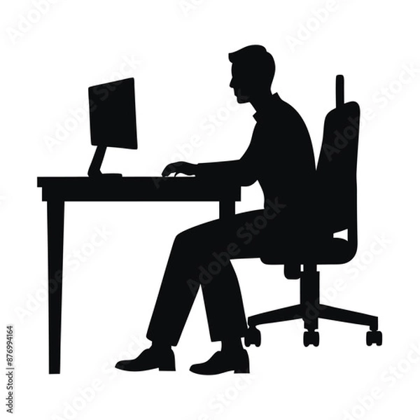 Fototapeta a businessman sitting on an office chair at a table, working on a computer. vector silhouette