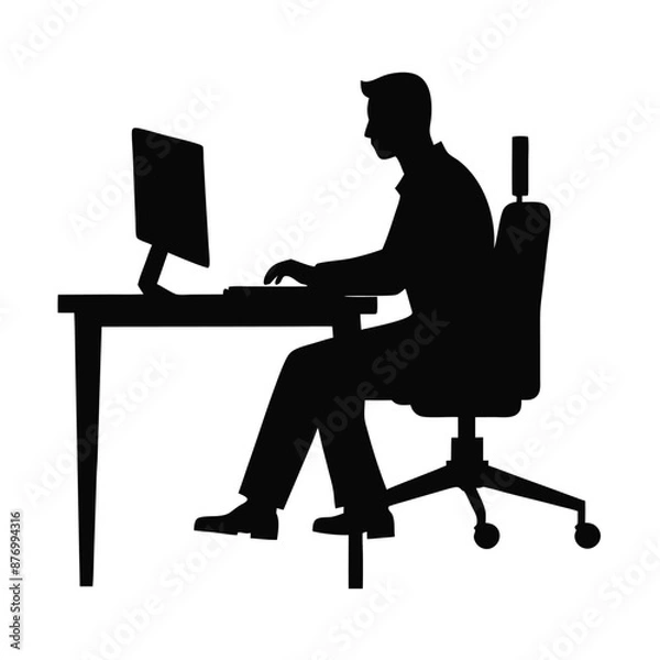 Fototapeta a businessman sitting on an office chair at a table, working on a computer. vector silhouette