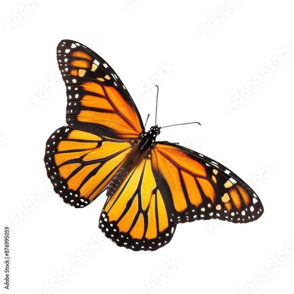 Obraz monarch butterfly with detailed orange and black wings captured mid-flight. Perfect for nature and wildlife projects. on a white background.