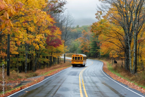 Fototapeta School bus driving on a wet road through autumn foliage.