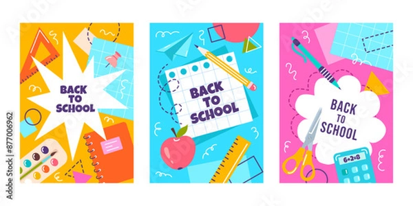 Fototapeta Vector posters set in doodle style with geometric shapes, design elements on school themes. Back to school, education concept