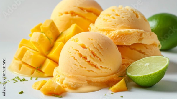 Obraz Mango Lime sorbet or gelato with sweet mango and sour fresh flavor of lime on white background